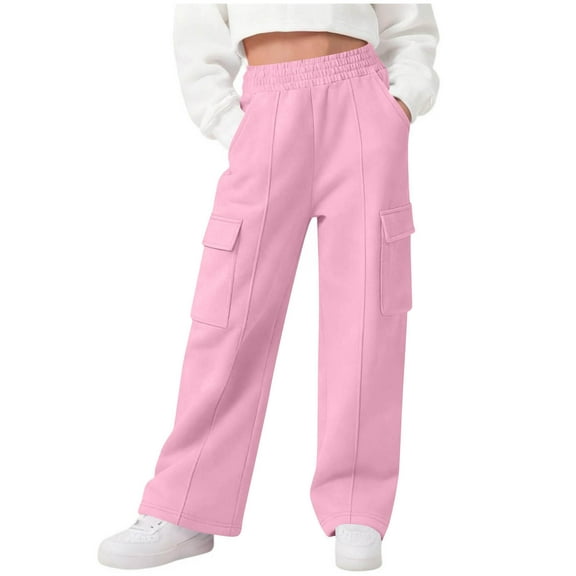 hengsof Children's Workwear Sweatpants Wide Leg Casual Pants Elastic Waist Pockets Solid Color Trousers Casual Travel Jogging Pants Simple Straight Leg Pants