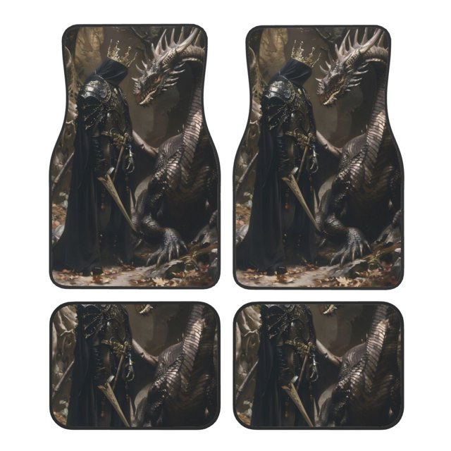 Fotbe Medieval Knight And Dragon Juego de 4 Tapetes para Auto con Estampado – Alfombrillas de Goma Reforzada, Diseño Antideslizante, Protección para Todo el Año – Vehículos, Autos, Camionetas y SUVs