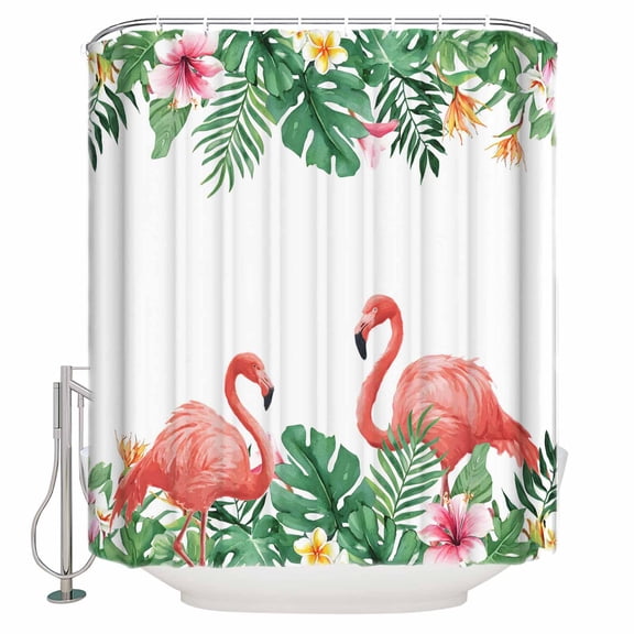 Pink Flamingo Birds Bathroom Shower Curtains with 12 Hooks Polyester Waterproof Shower Curtain for Stalls and Bathtubs Summer Tropical Plants Flowers Decorative Bathroom Privacy Curtain 36x72 Inches