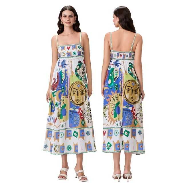 SUNSIOM Robe Sans Manches à Bretelles Spaghetti pour Femmes Robe Longue Fluide d'Été Imprimée pour Fête Cocktail Plage Mode Urbaine