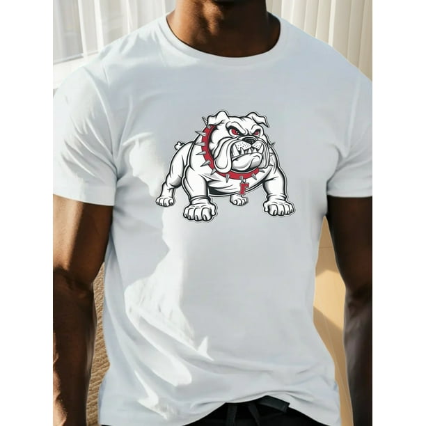 Camiseta casual de talla regular para hombre, 100 % algodón, cuello redondo, manga corta con estampado geométrico de bulldog, tejido de punto ligeramente elástico, corte regular para hombres altos y c