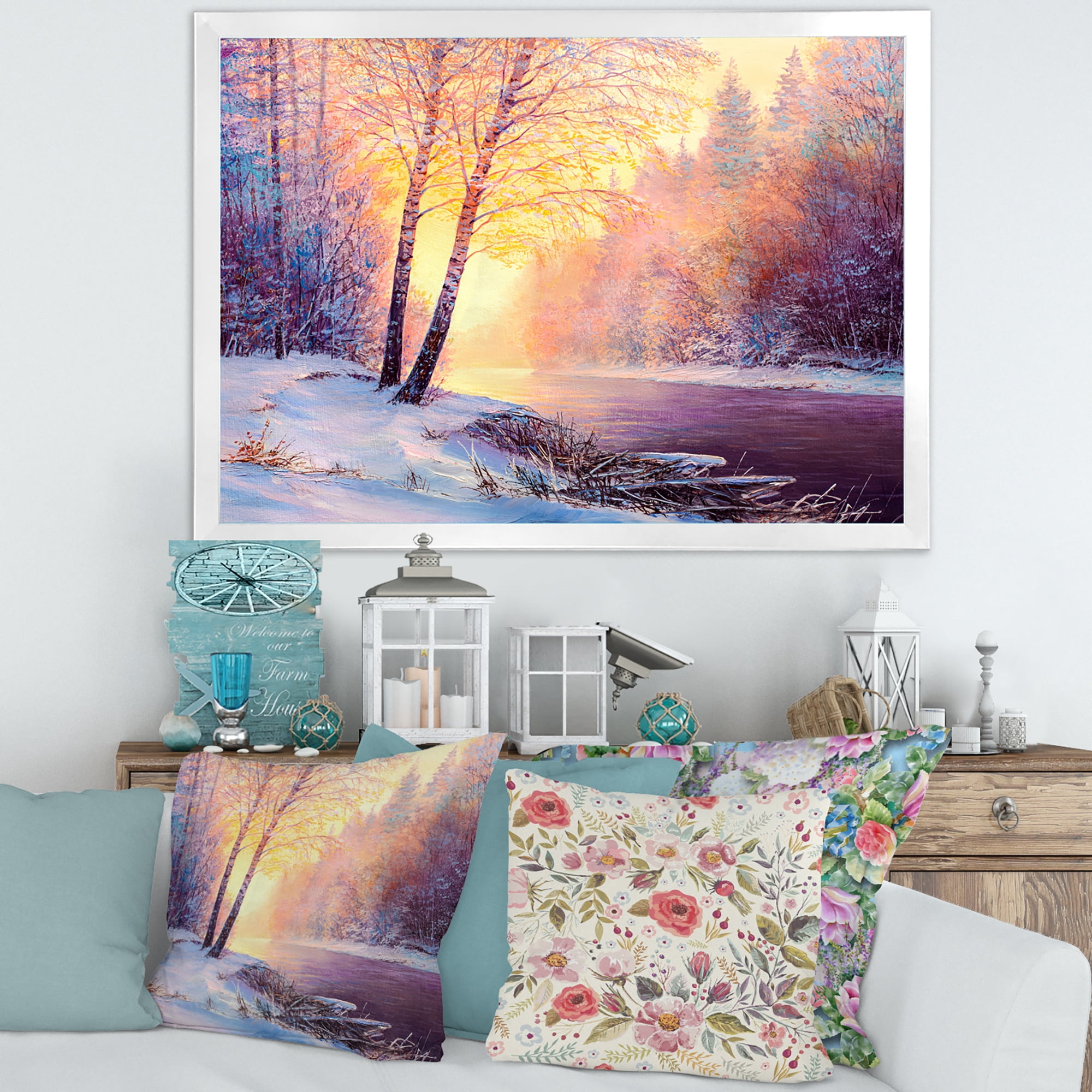 Bridge Of Meandering River With Winter Scenery II 40 in x 30 in Framed Painting Canvas Art Print, by Designart