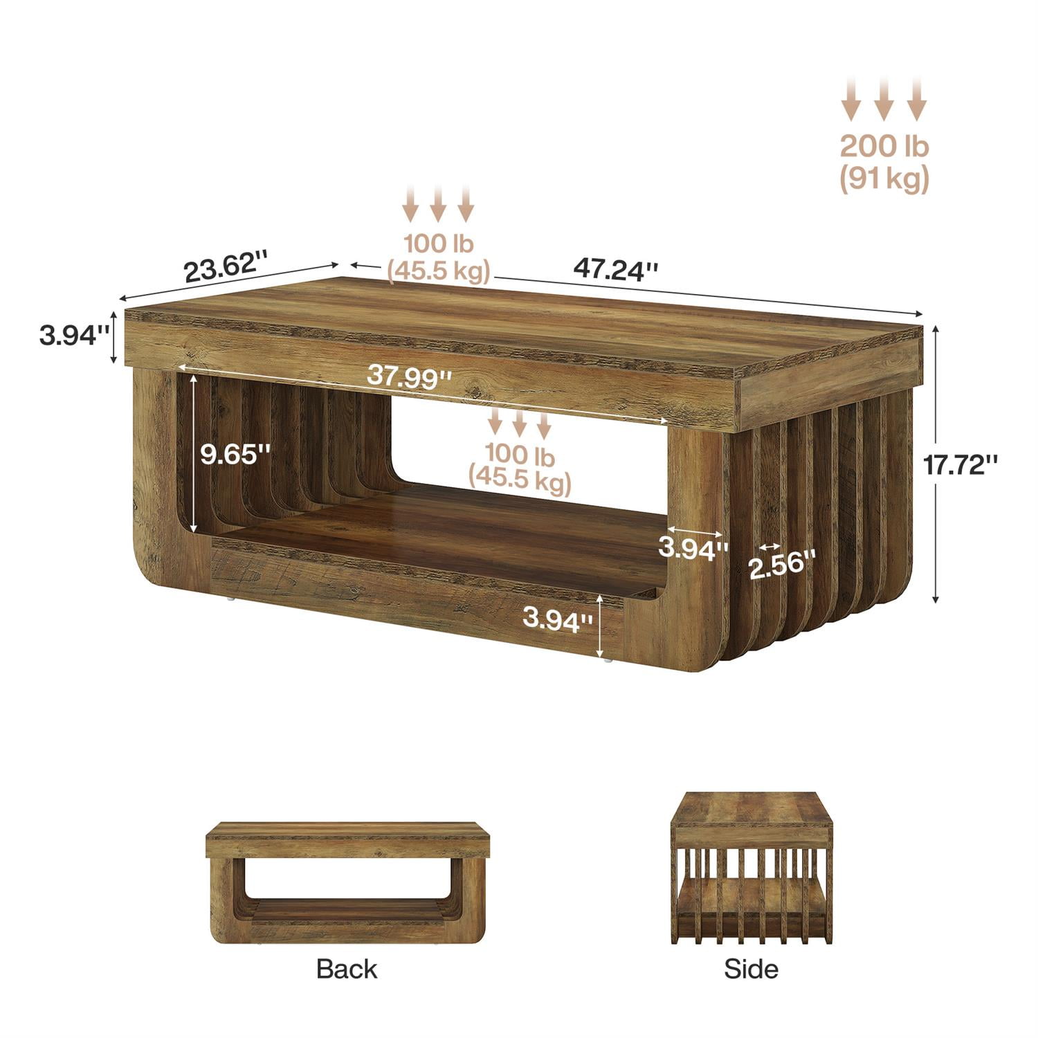 Demi Bonn 47" Rustic Wooden Coffee Table, Mid-Century Modern Living Room End Table, 2-Tier Storage Ottoman, Stylish Home Decor, Brown