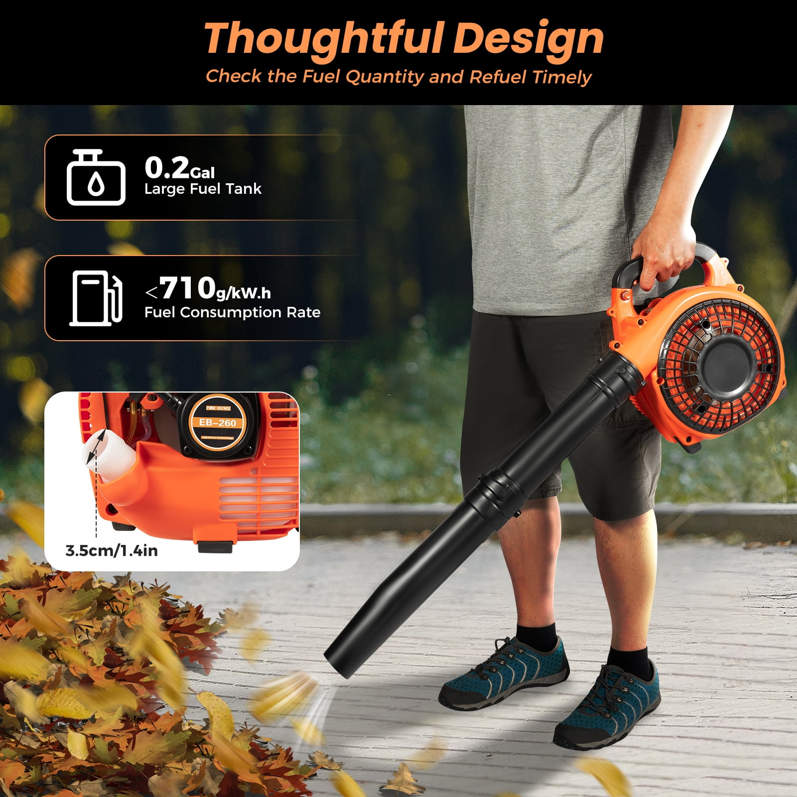 25.4CC 2-Stroke Gas Powered Leaf Blower with Reinforced Handle, Low Noise, 7000Rpm, Handheld Grass Blower for Snow Removal