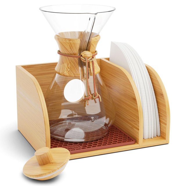 HEXNUB - Caddy y tapa para cafetera de goteo Soporte de bambú compatible con garrafas de café Chemex Bodum Cosori Estera resistente al calor Soporte de filtro para cafetera de goteo - Estera marrón