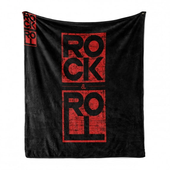 Music Soft Flannel Fleece Blanket, Rock and Roll Typography in Murky Tones Concert Poster Art Vintage, Cozy Plush for Indoor and Outdoor Use, 50" x 70", Dark Blue Grey and Vermilion, by Ambesonne