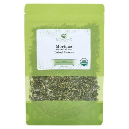 Biokoma Pure and Organic Moringa (Moringa oleifera) Dried Leaves 50g (1.76oz) In Resealable Moisture Proof Pouch, USDA Certified Organic - Herbal Tea, No Additives, No Preservatives, No GMO, Kosher