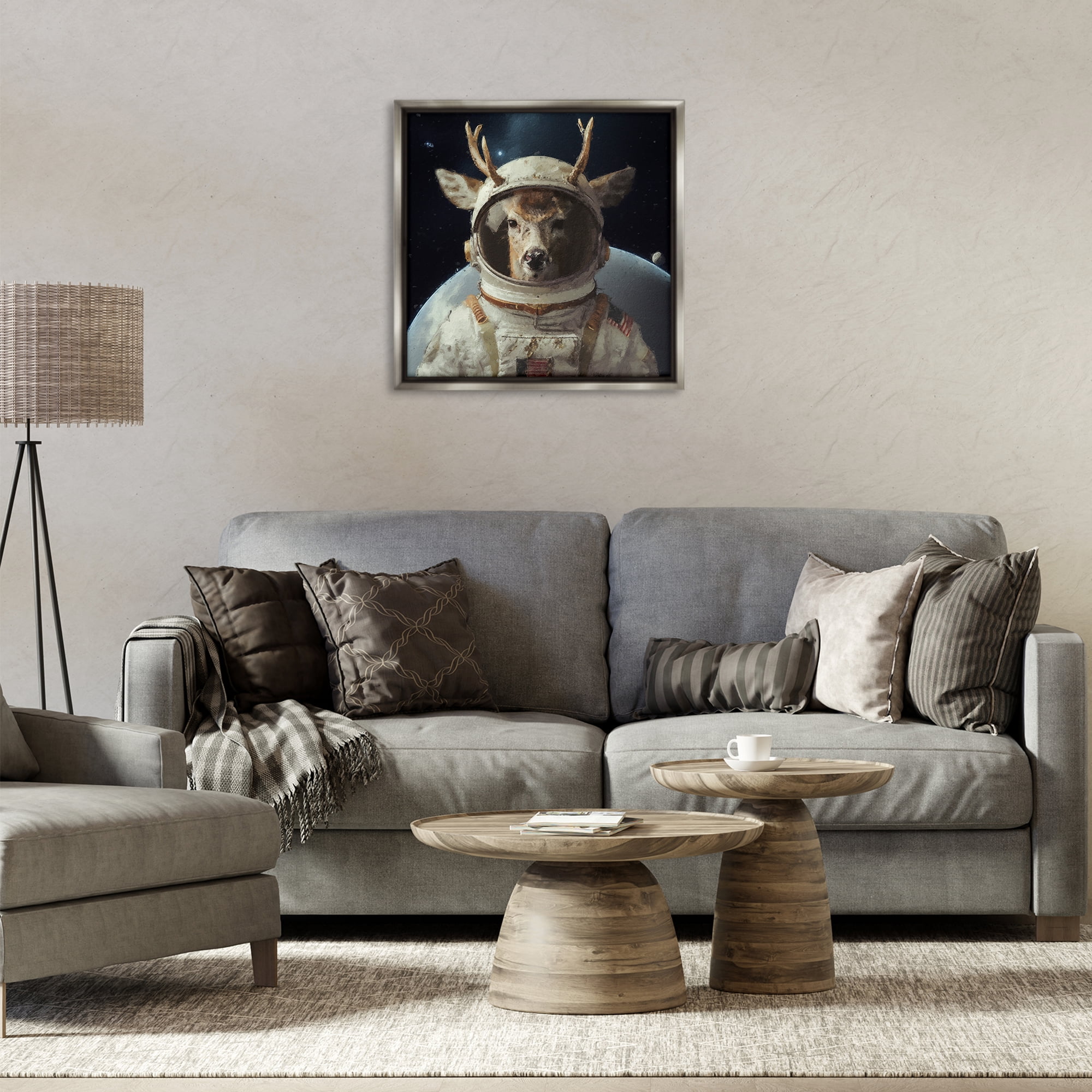 Stupell Industries Space Astronaut Deer Astrology & Stars Painting Gray Floater Framed Canvas Art Print Wall Art, 25 x 25