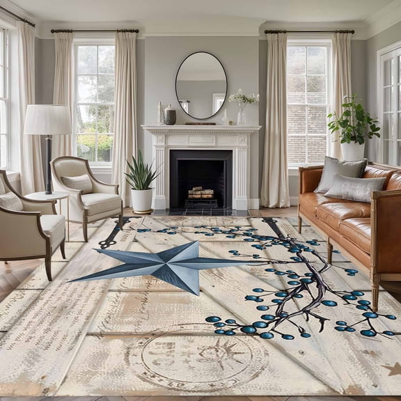 Rectangle Area Rugs 6 x 9 Ft, Texas Star Vintage Non-Slip Residential Carpet, Retro Navy Blue Berry Wooden Indoor Crawling Mats Runner Rugs for Living Room/Dining Room/Bedroom