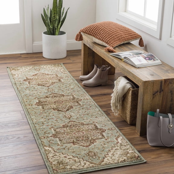 Hauteloom Granger Hallway, Kitchen Runner Rug - Traditional - Sage, Burgundy, Tan - 2'2" x 7'7"