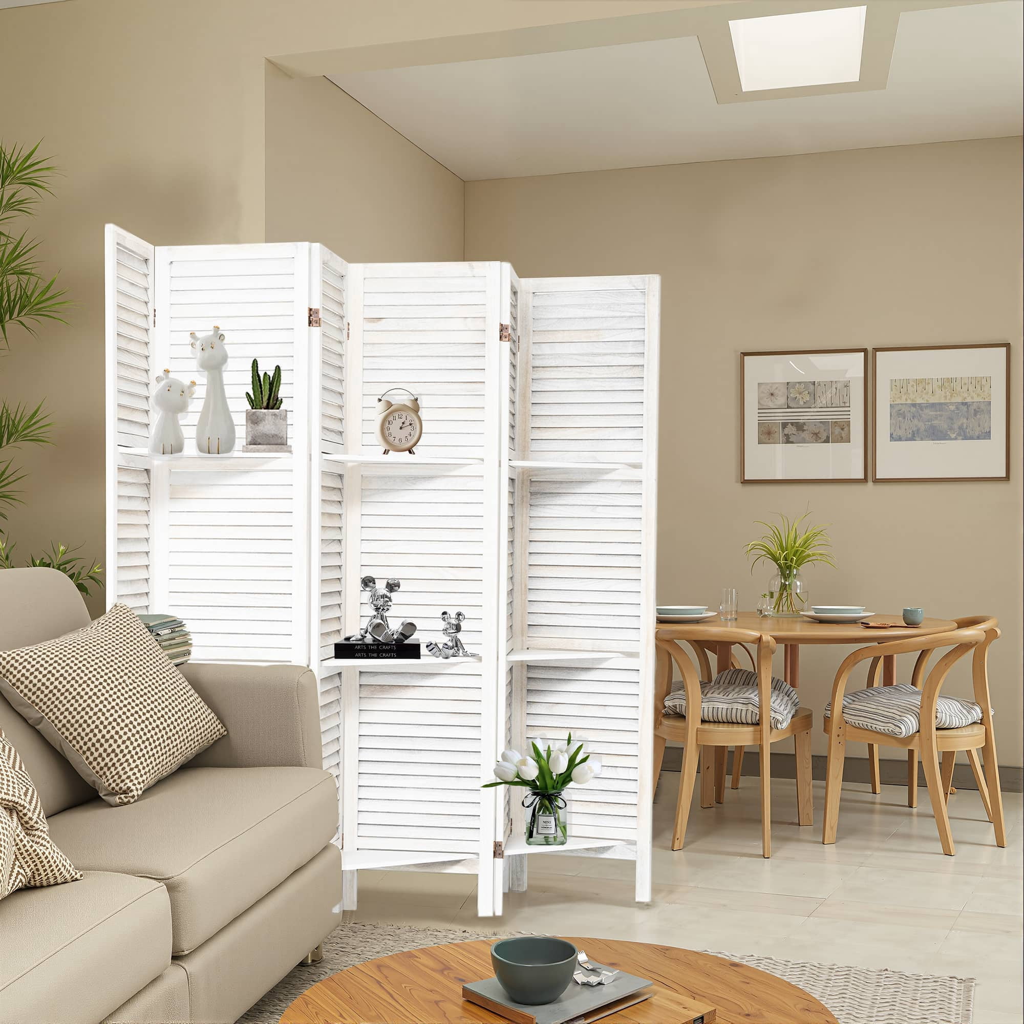 MAYEERTY 6 Panel Room Divider with Display Shelves, Freestanding Wood Privacy Screen, White