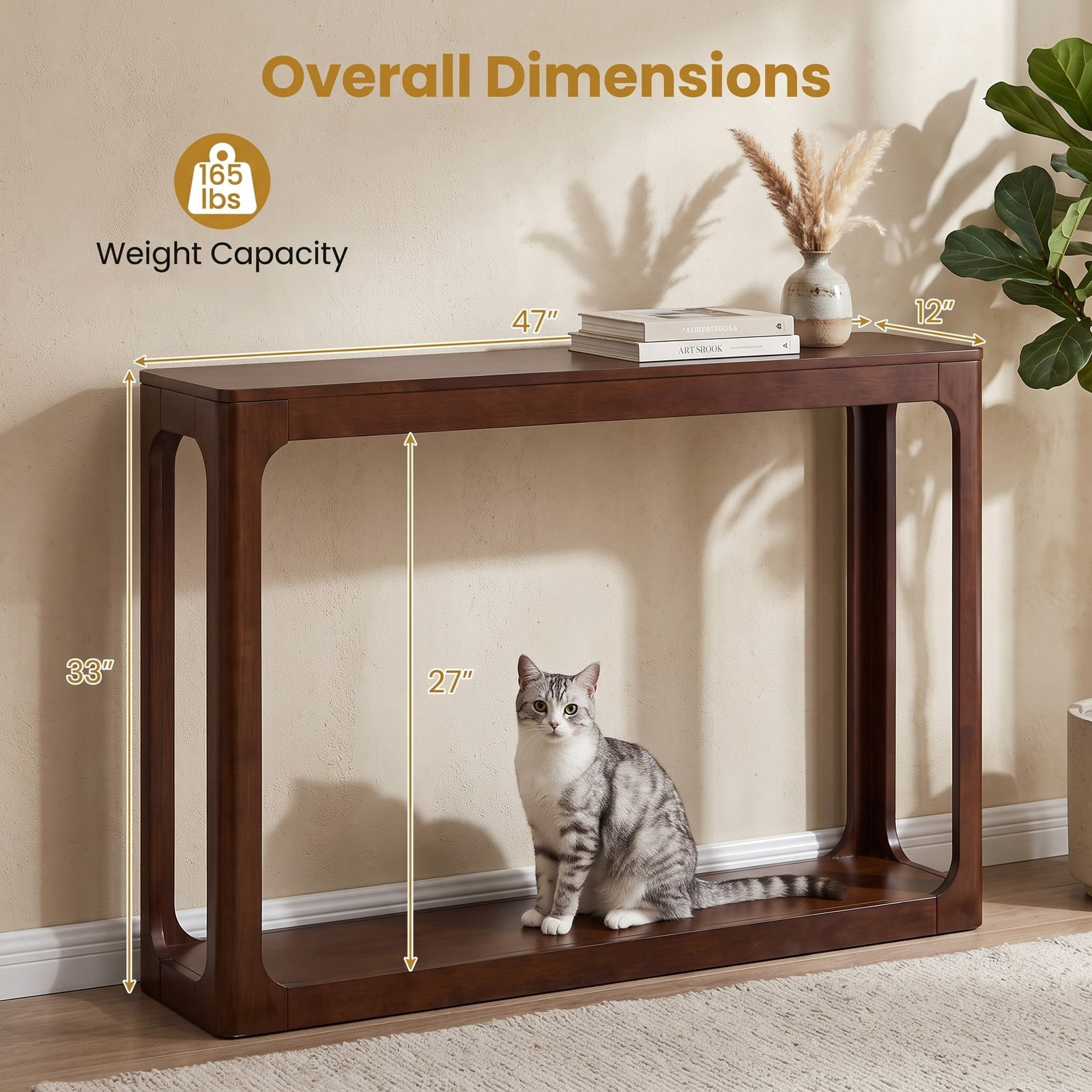 Furnibear 2-Tier Mid Century Wood Console Table with Open Storage Shelf and Solid Rubber Wood Frame for Foyer and Hallway, Brown