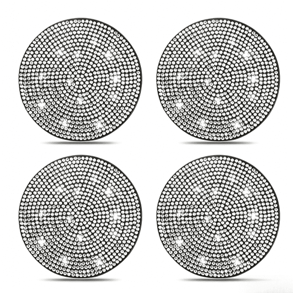 4‑Pack Bling Rhinestone Car Cup Holder Coasters, 2.75 Inch Anti‑Slip Shockproof Universal Crystal Car Cup Inserts, White Automotive Interior Decor Accessories for Women