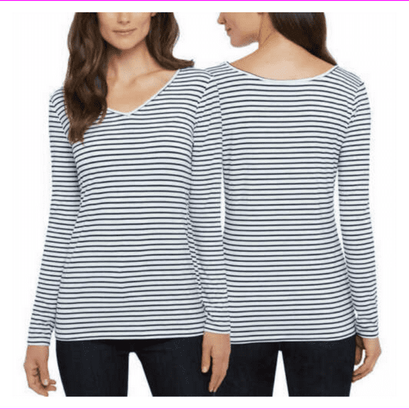 ELLEN TRACY Ladies' 2-Way Crew/V-Neck Versatile Reversible Long Sleeve Tee Shirt (X-Large, Navy/White Stripe)