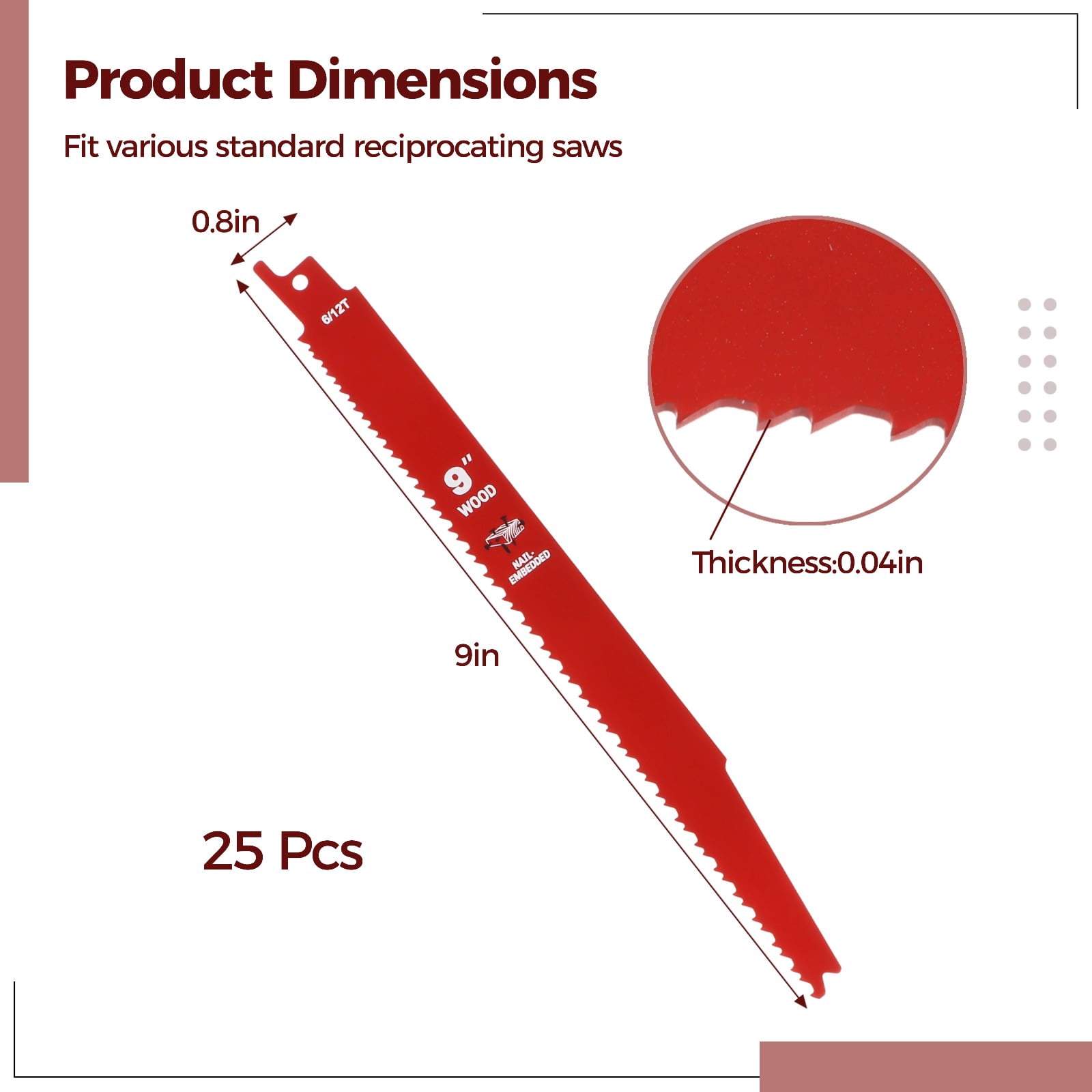 25 Pcs Reciprocating Saw Cutters, 9" 6/12 Tpi Bi-metal Cutting Saw Cutters, Metal Pruner Saw Cutting Tools for Cutting Embedded Wood, Metal, PVC Pallets