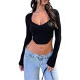thumbnail image 2 of Biekopu Women's Spring Fall  Cropped Knit Tops,Solid Color Long Sleeve Sweetheart Collar Show Navel Sweaters, 2 of 6