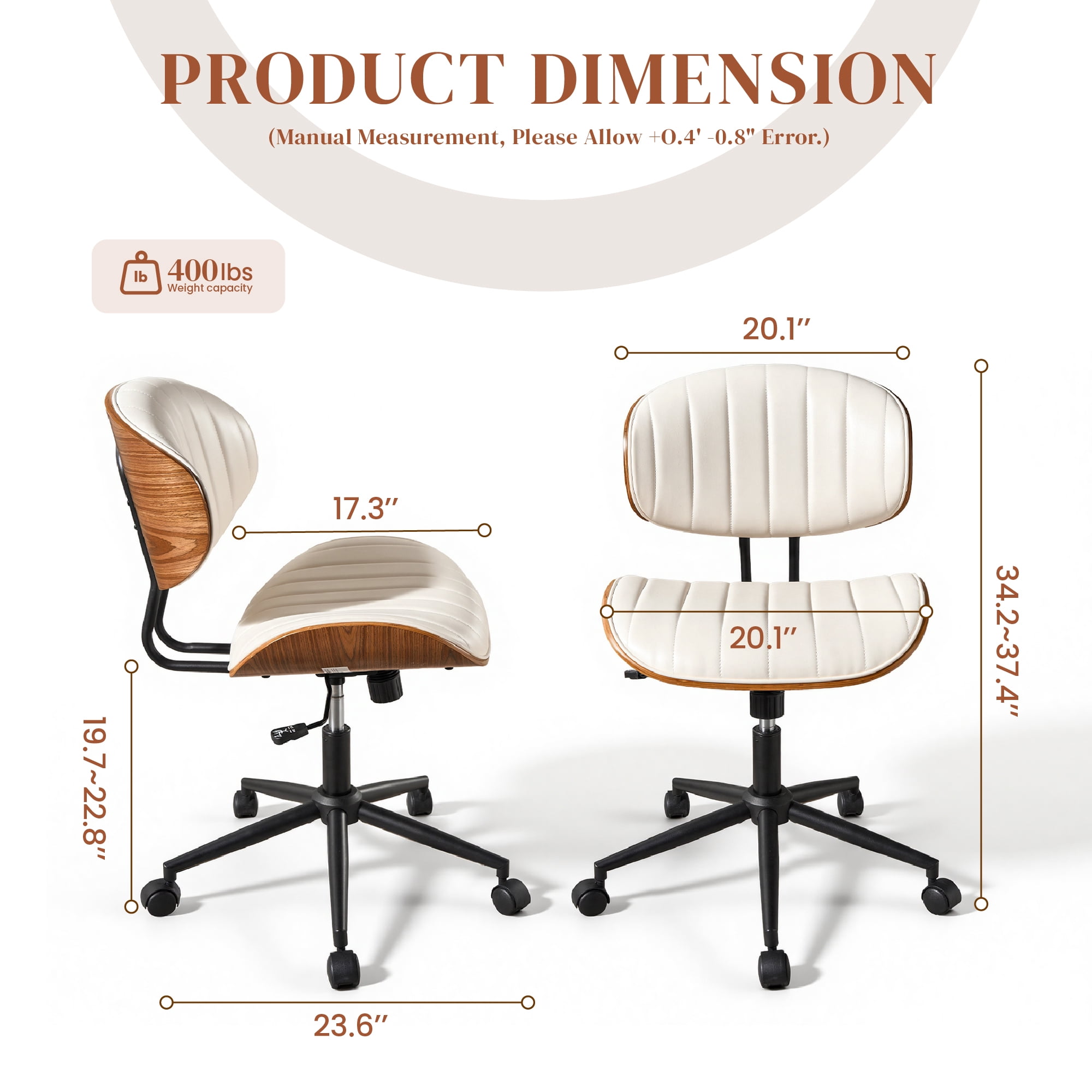 XIZZI Home Office Chair, Armless Mid-Century Ergonomic Desk Chair with 3" Thick Cushion, Premium PU Leather Mid Back 360 Swivel Computer Chair with Walnut Design, Ribbed White
