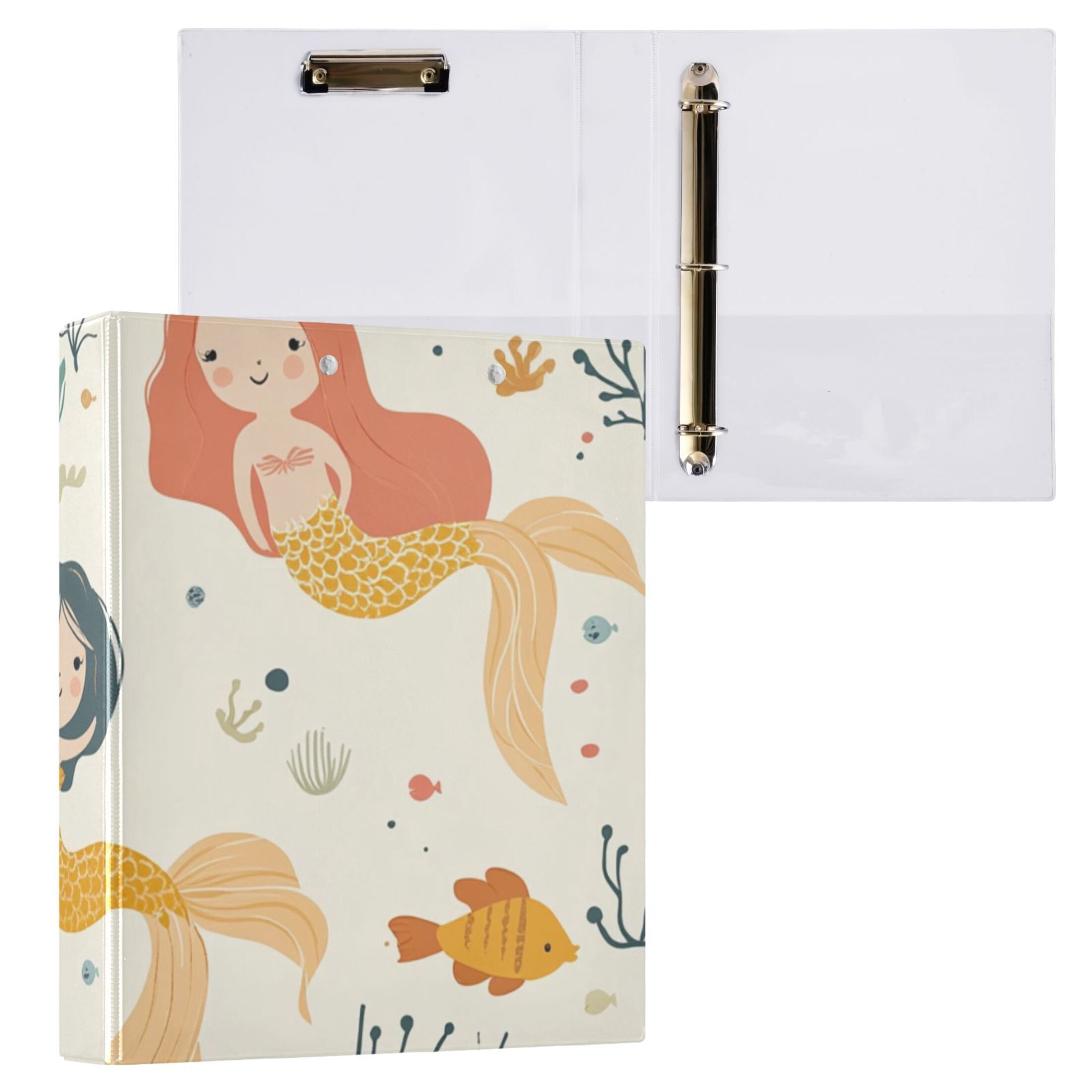 Mermaids Cartoon 3 Ring Binders 1.5 inch Hardcover File Folders with Interior Pockets A4 Size Organizer for School Office Hospital