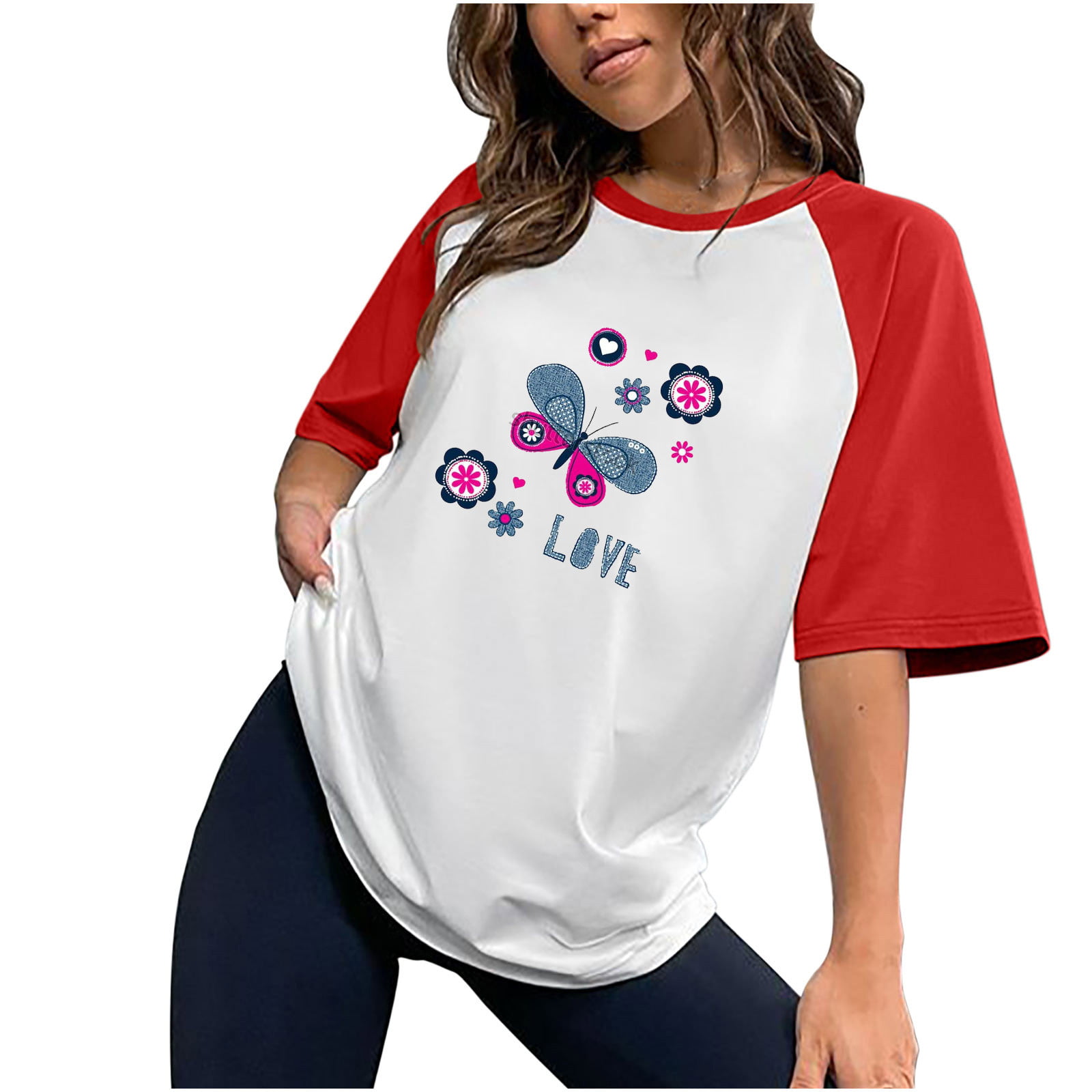 Dksld Women's Letter Print T Shirt Raglan Butterfly Graphic Top Short  Sleeve Round Neck Tees Shirt