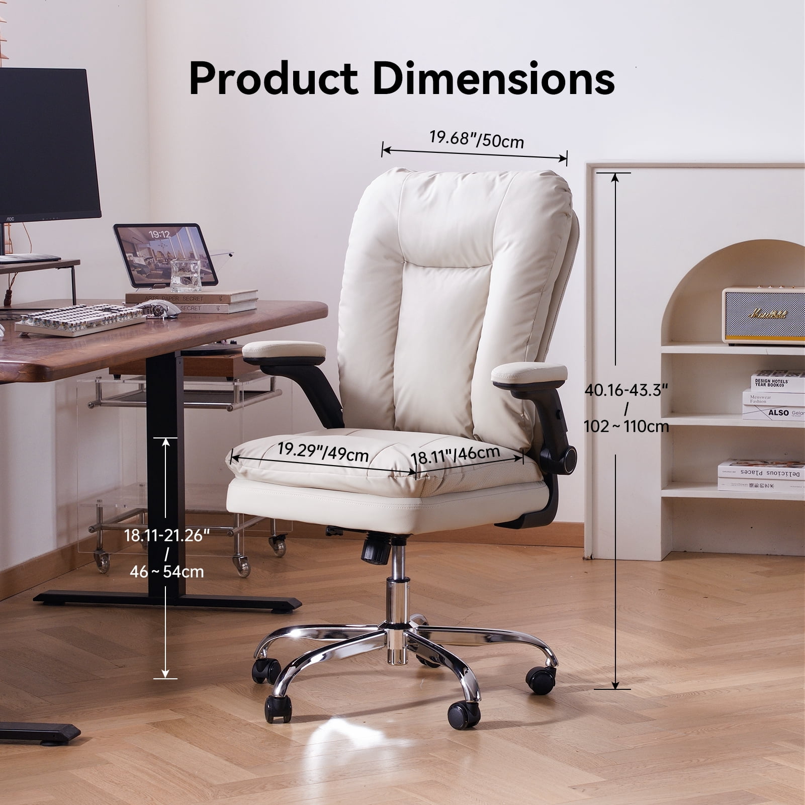 LEAGOO Ergonomic Executive Office Chair, Mid Back Comfy Desk Chairs with 3D Padded Flip-up Arms, Faux Leather Computer Rolling Chair with Wheels for Home, Adjustable Height, 300lbs, Beige