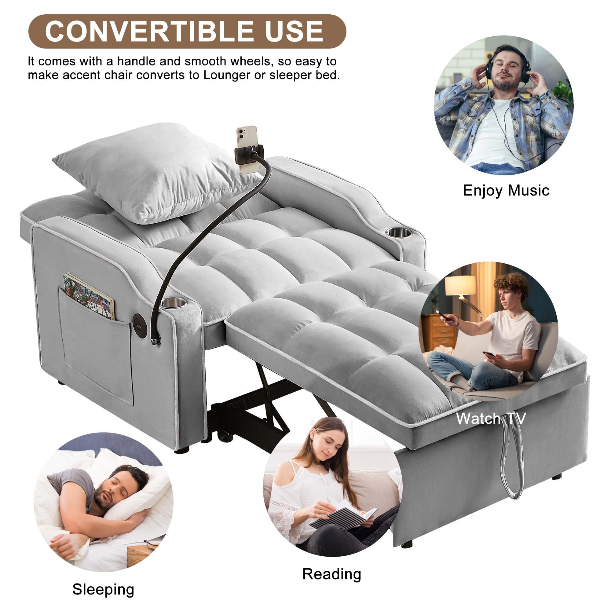 Aukfa Sleeper Chair Bed, Convertible Pull Out Sofa Bed with USB Port, Cup Holders and Swivel Phone Holder, Gray