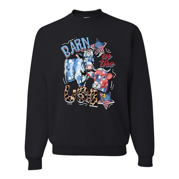 Wild Bobby Barn In The USA Red White and Blue Cows Pop Culture Unisex Crewneck Sweatshirt, Black, Small