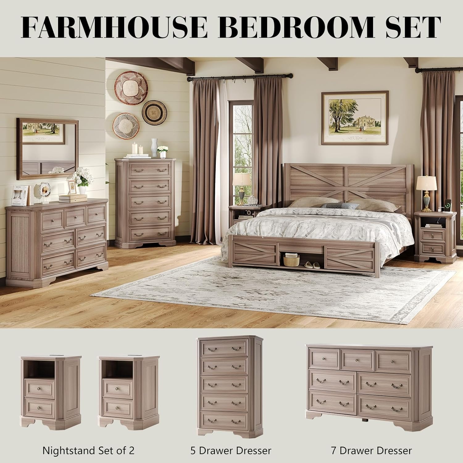 VanAcc Farmhouse 48" Tall 5 Drawers Dresser for Bedroom, Wood Rustic Chest with Corner Bevel Shape for Bedroom, Living Room, Hallway, Grey Walnut