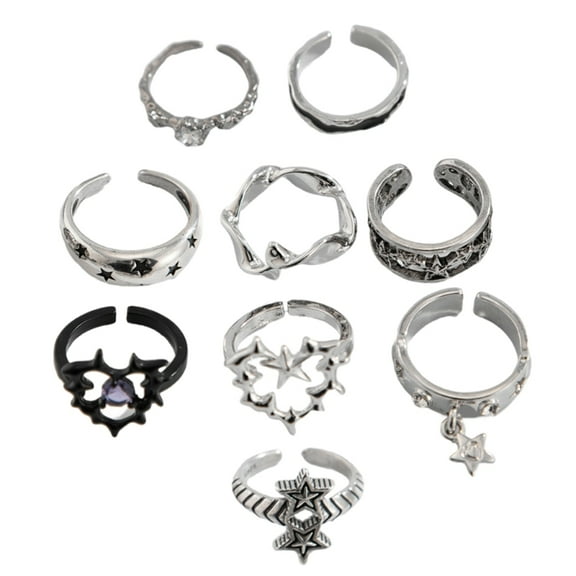 9 Pieces Elegant Silver Alloy Rings Set for Men and Women Gothic Theme