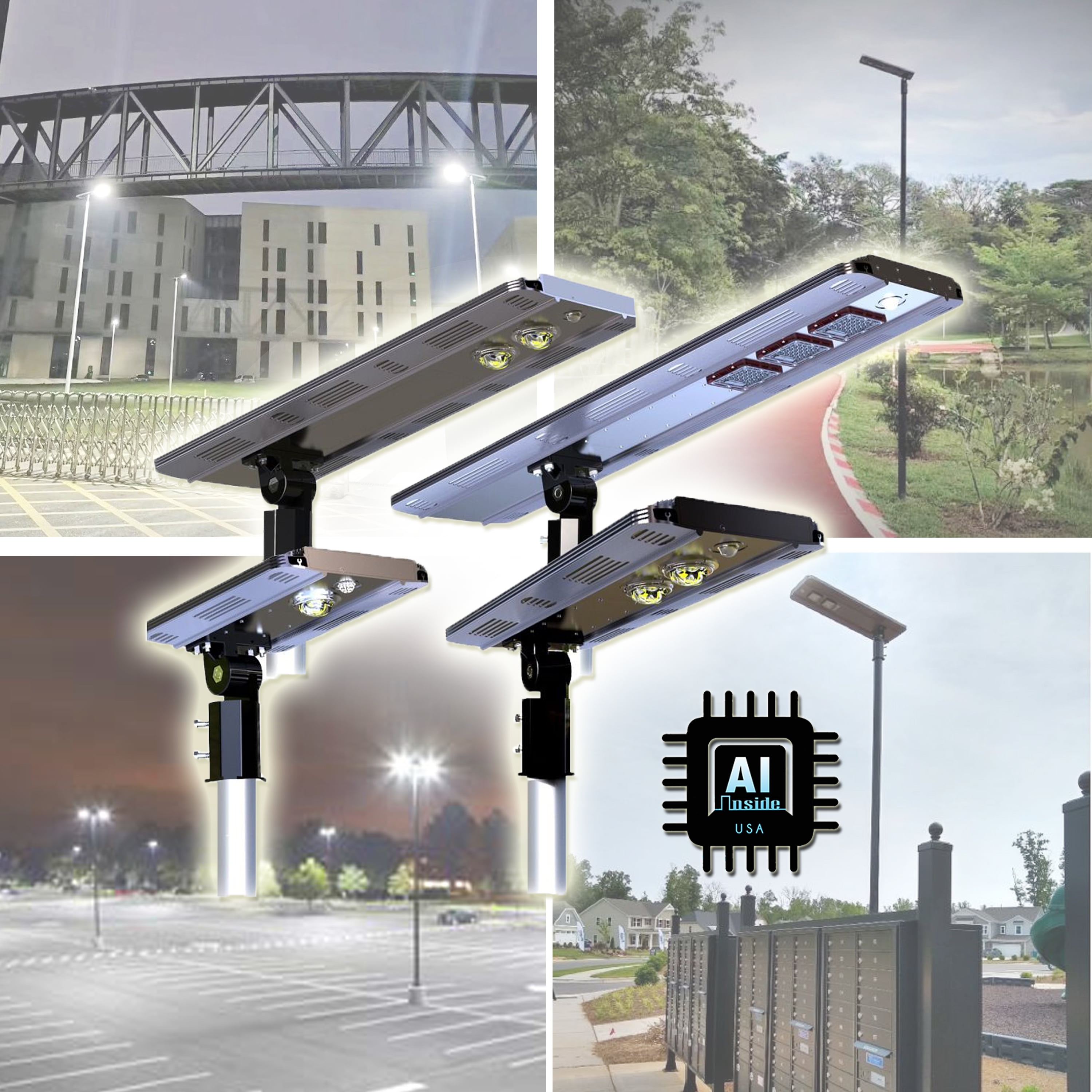 Solar Powered Polished Aluminum LED Lamp Post with AI Smart Control