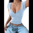 thumbnail image 2 of Camisetas de Corta de Verano 2025 para Mujer, con Cuello Henley Acanalado y Botones, Corte Entallado, Básicas e Informales. Azul L, 2 of 8