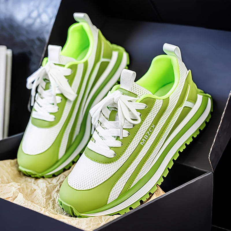Men'S Casual Sneakers - Breathable Mesh & PU Upper, Teal/White Color-Blocking Design, Thickened PVC Non-Slip Sole, Daily Wear, Lace-Up Shoes, Fashionable Comfortable for All Seasons, Outdoor Hiking,
