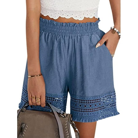 STARVNC Women Hollow Out Ruffle High Waisted Smocked Pocket Shorts