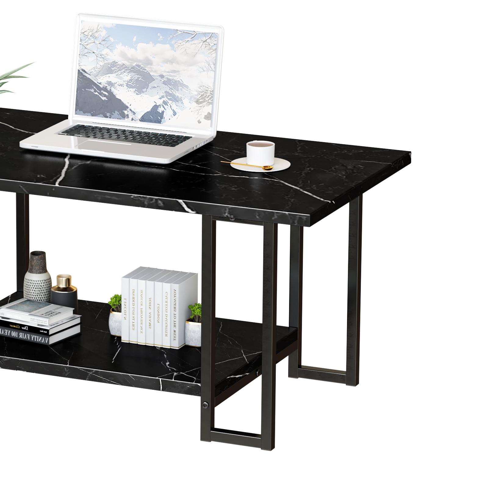 Baxluxe Living Room Coffee Table Tea Table Rectangle Coffee Table ,Faux Marble Sofa Table 2-Tier Storage Center Table,Table Modern Coffee Table,Small Cocktail Tables,Black