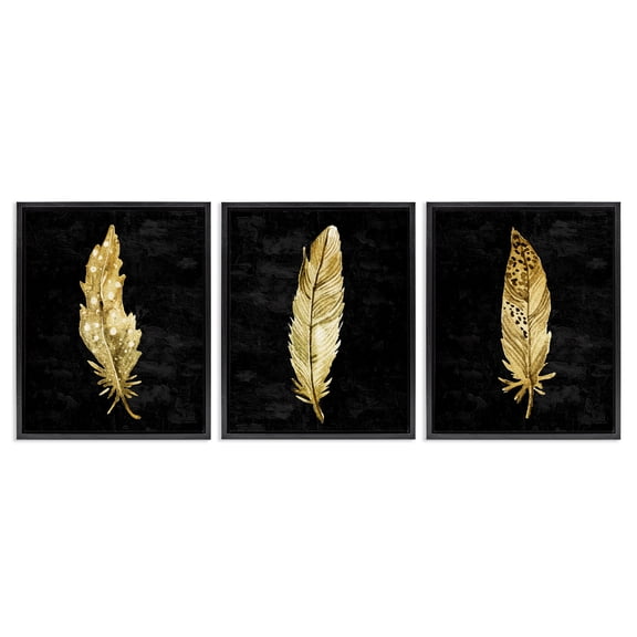 Black & Gold Feathers 3 Piece Black Framed Floater Canvas Set, design by Kim Allen