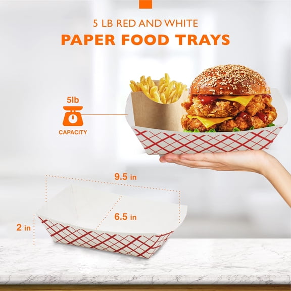 5 lb Heavy Duty Disposable Red Check Paper Food Trays Grease Resistant Fast Food Paperboard Boat Basket for Parties Fairs Picnics Carnivals, Holds Tacos Nachos Fries Hot Corn Dogs [250 Pack]