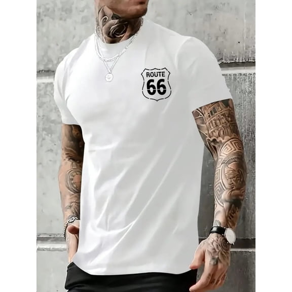 [1pc Cotton T-shirt] 1 pc 100% Cotton Summer Comfortable Casual T-shirt | Route 66 Printed Short-Sleeved Crewneck Men's Wear