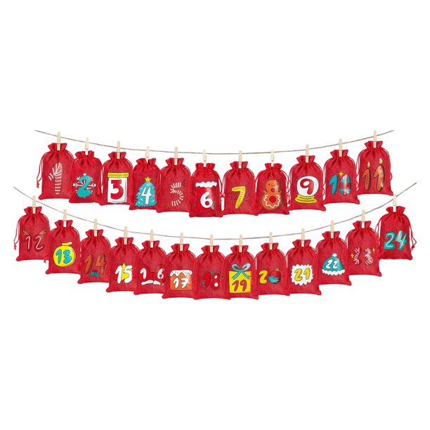 Calendario de Adviento de Navidad de 24 piezas, bolsas de regalo, suministros para fiestas con pinzas de madera rojo