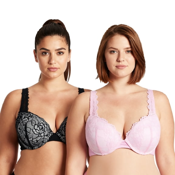 Curve Muse Women's Plus Size Add 1 and a half Cup Push Up Underwire Convertible Lace Bras -2PK-Black,Pink-32B