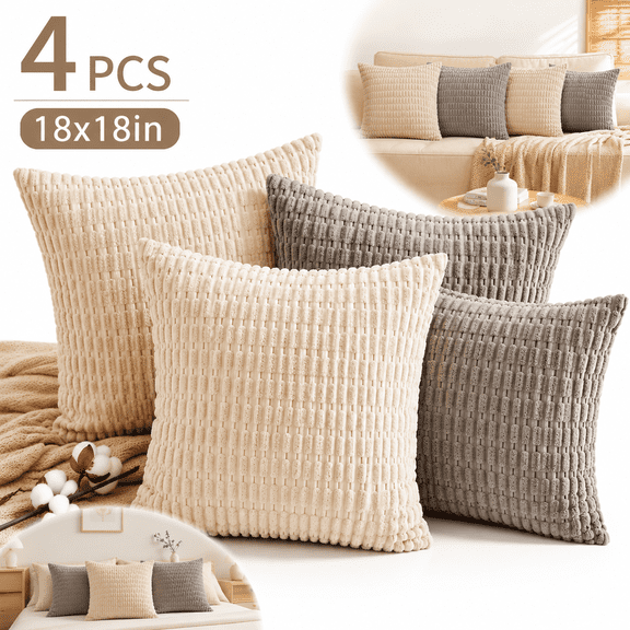 Genreen 4 Packs Neutral Decorative Throw Pillow Covers 18x18 Inch for Living Room Couch Bed Sofa, Rustic Farmhouse Boho Home Decor, Soft Plush Striped Corduroy Square Cushion Case 45x45 cm