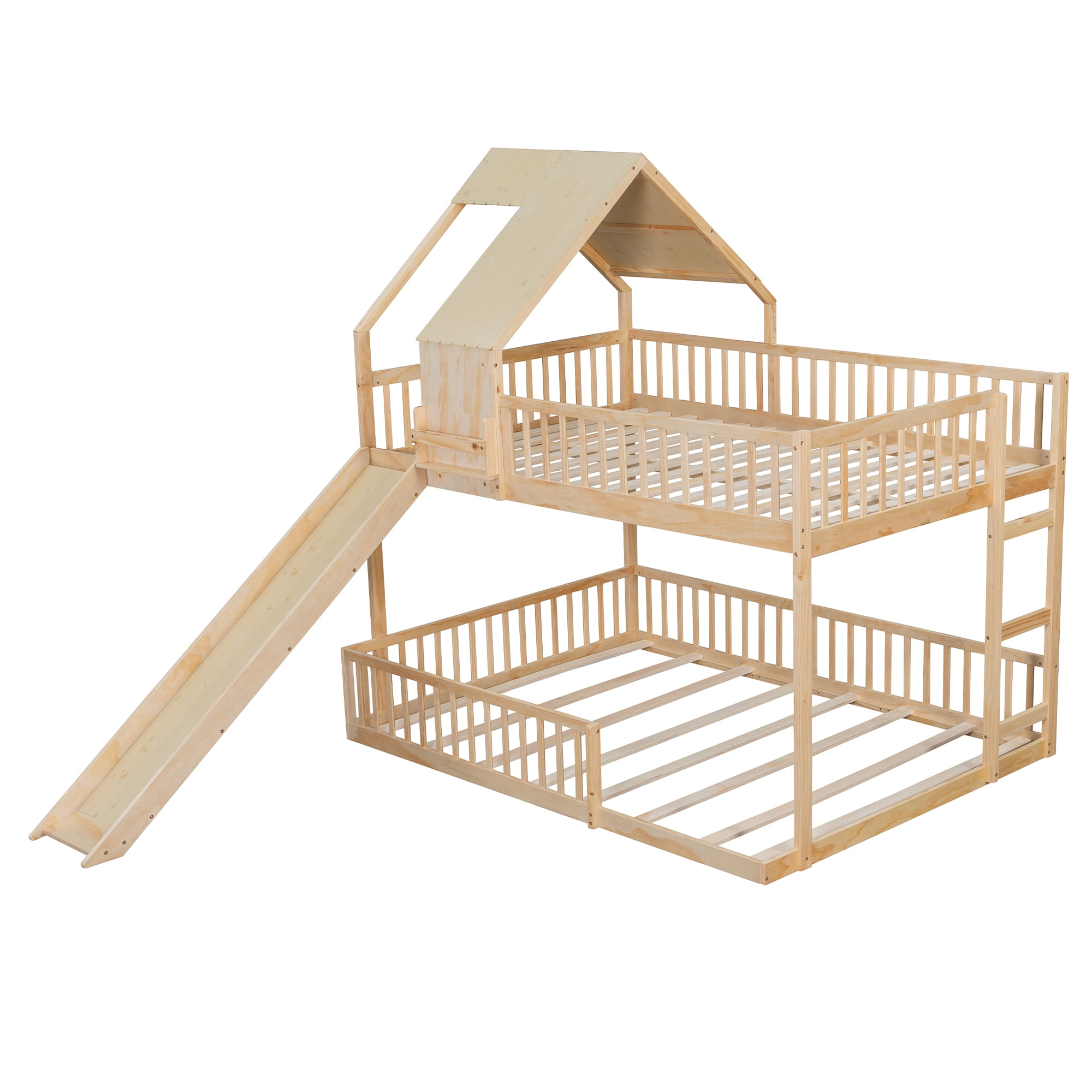 Euroco Wood Full XL over Queen Size Bunk Bed with Slide, Natural