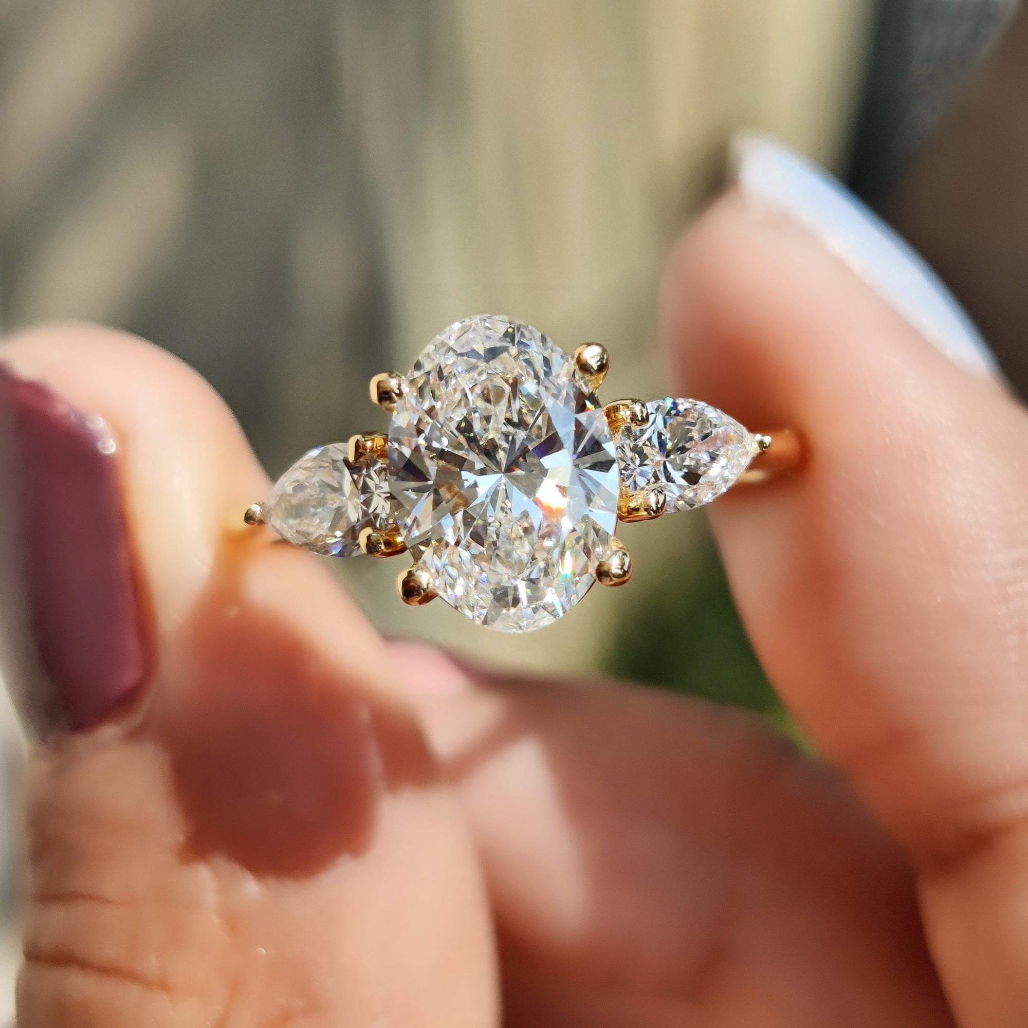 SOLITAIRE JEWELS 3tcw Oval shape Moissanite Engagement Ring and Side Pear Diamond Three stone Engagement Ring , Dainty Promise Ring for Her