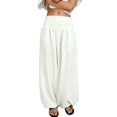 thumbnail image 3 of Women's Solid Color High Waisted Gathered Cotton Linen Pants, Balloon Harem Trousers with Elastic Cuff, Loose Wide Leg Breathable Summer Travel Casual Pants White M, 3 of 4
