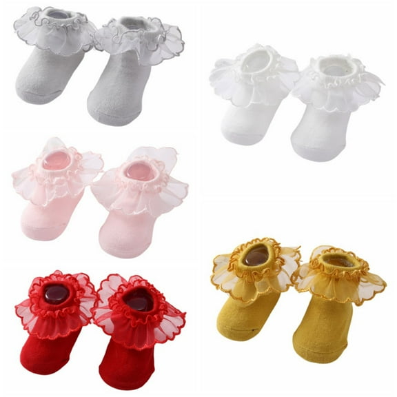 5 Pairs Princess Newborn Baby Girls Socks Lace Ruffles Frilly Ankle Dress Socks Non-Slip Cotton Socks for Infant Toddler