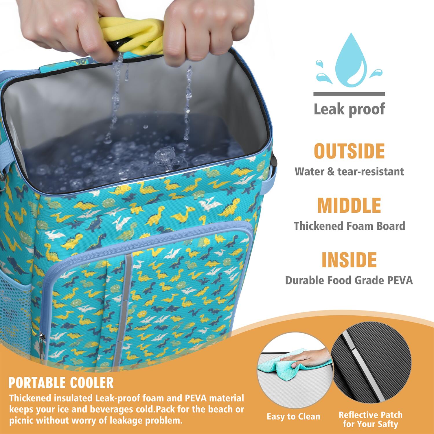 Travel Cooler Bag - Blue Cartoon Dinosaurs Pattern Camping Beer Cooler Backpack with Bottle Opener- Waterproof Insulated Picnic Backpacks - Cooler Bag for Beach