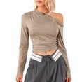 thumbnail image 1 of ZAXARRA Women Solid Color Crop Tops Oblique Shoulder Long Sleeve T-Shirts Spring Fall Slim Fit Shirts Streetwear, 1 of 6