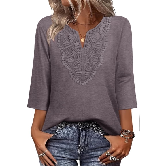 WIHOLL 3/4 Length Sleeve Summer Tops for Women Trendy Blouses V Neck Lace Shirt Beach Vacation Cruise Outfits