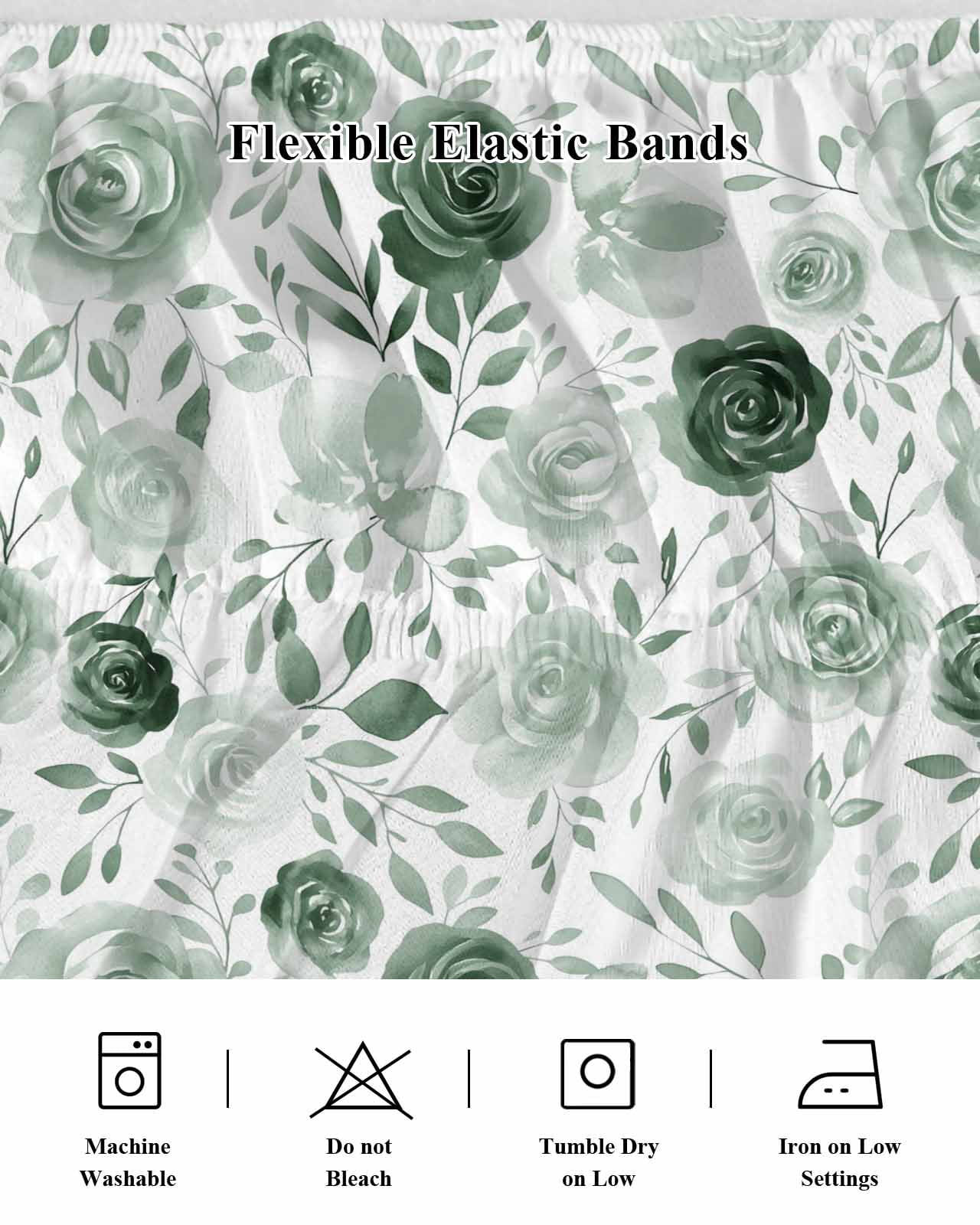 Sage Green Flower Wrap Around Bed Skirts for Queen Bed 16" Drop,Bed Skirt with Adjustable Elastic Belt Dust Ruffle Bed Valance for Bedroom Hotel Vintage Rose Floral Botanical Leaf Bed Frame Cover