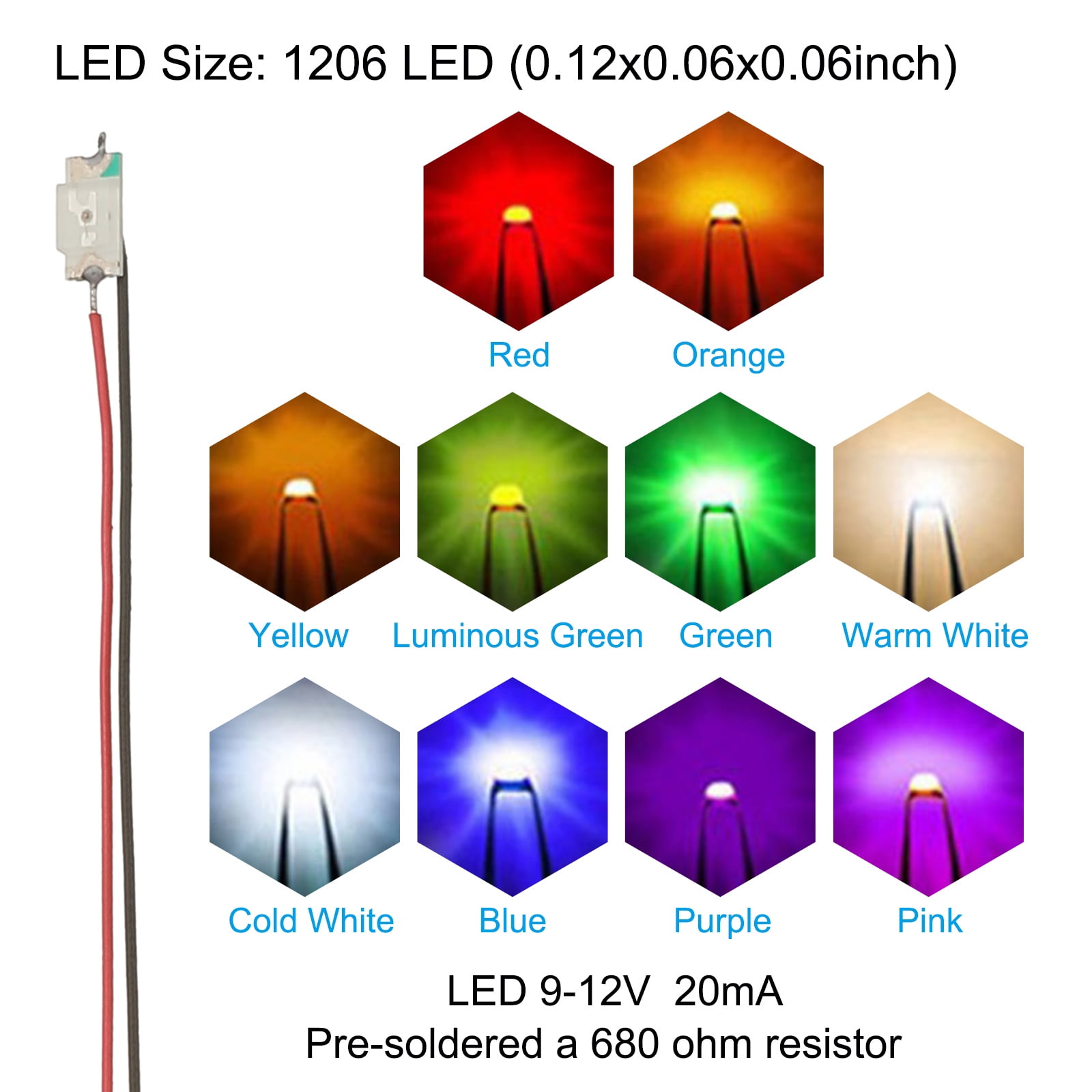 Uxcell 1206 Pre-Wired Micro LED, 100 Pcs 9-12V Pre-soldered Mini Light Emitting Diodes Surface Mount Device for Model, DIY, Science Projects, 9.8" Length, 10 Colors