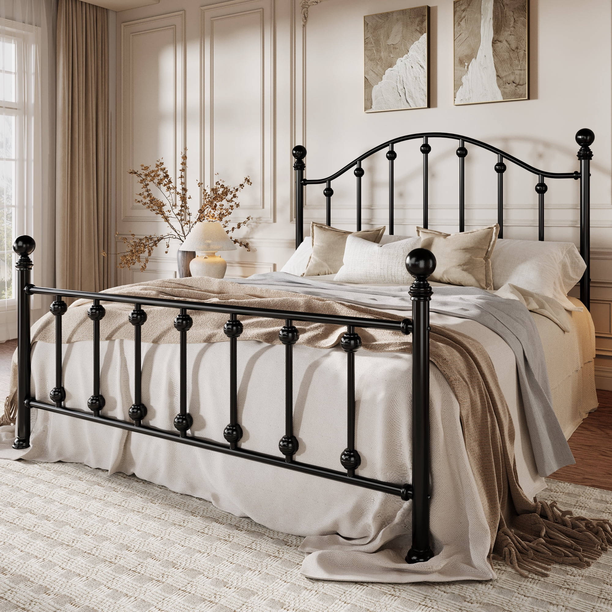 Amolife Queen Bed Frame with Victorian Style Iron-Art Headboard and Footboard, Ample Under-Bed Storage Space, No Box Spring Needed, Black