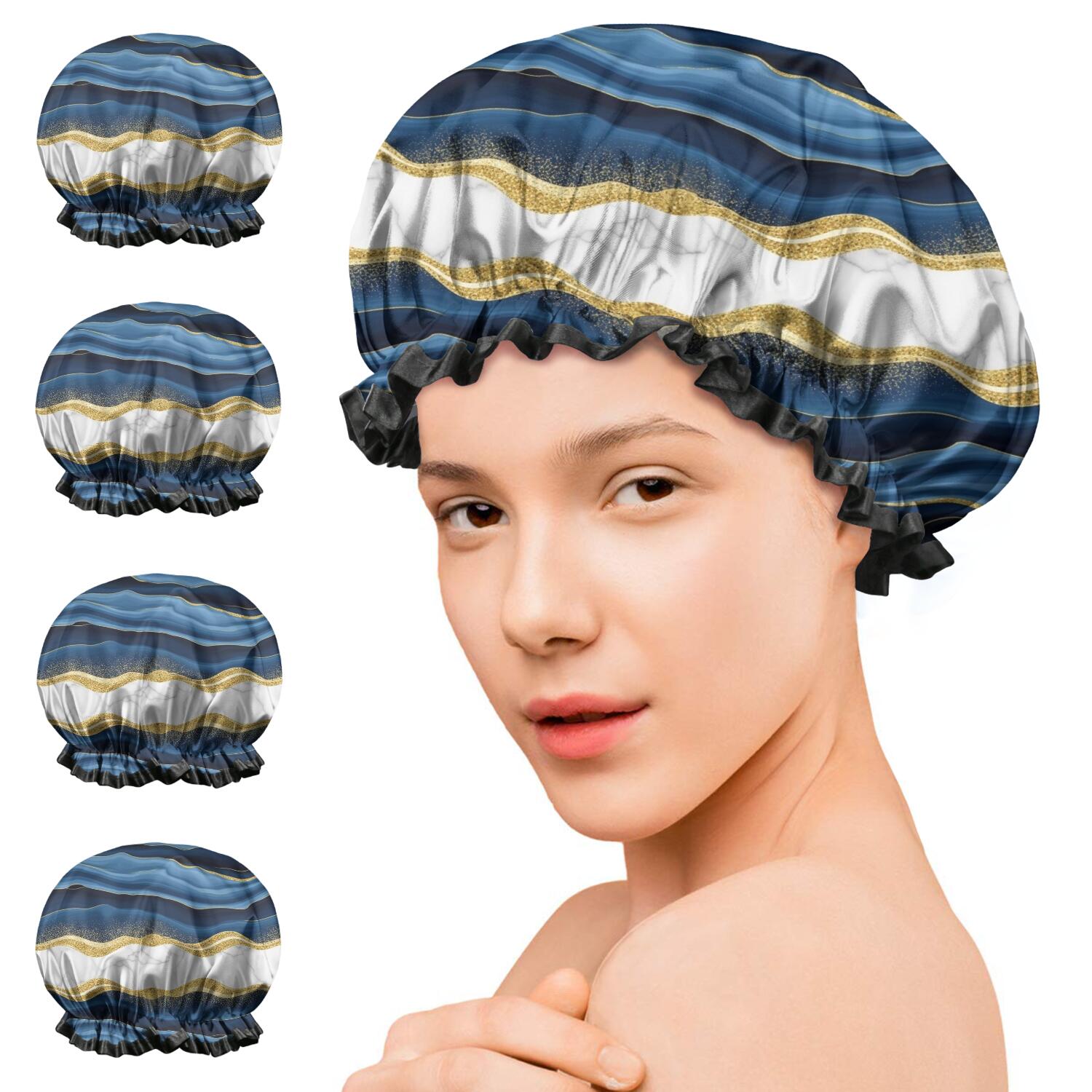 Shower Caps,Blue Gold Wave Marble Pattern Waterproof Shower Cap for Women 4 Pieces,Double Reusable Hair Cover for Shower PEVA Elastic Stretch Hem